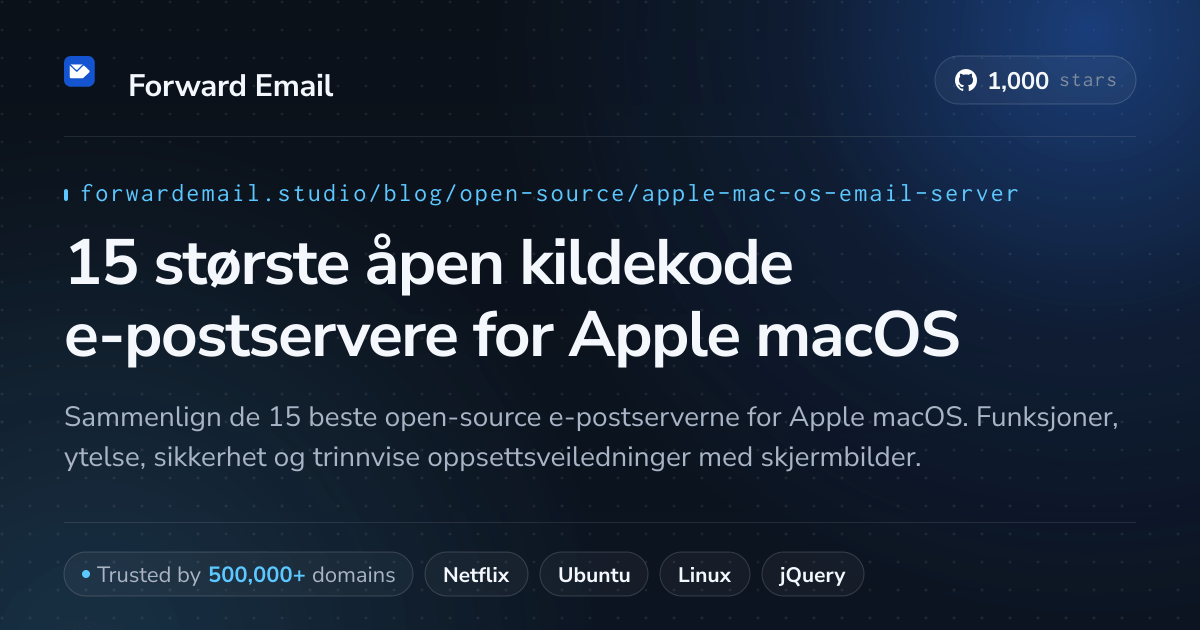 15 største åpen kildekode e-postservere for Apple macOS 2026